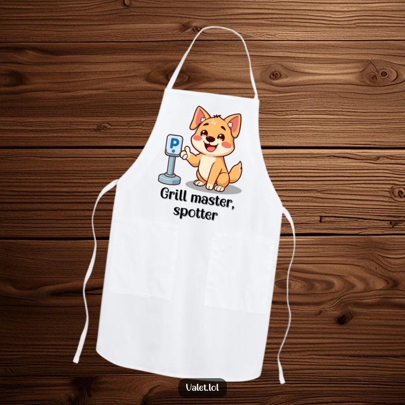 Funny apron with a cheerful, smiling dog pointing the way to a parking spot, perfect for busy kitchens and dog lovers.