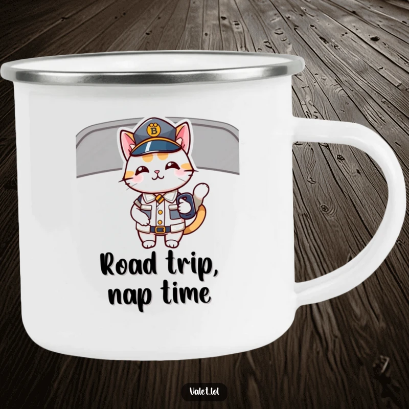 Funny camping mug with a happy, uniformed cat holding car keys, perfect for outdoor enthusiasts and humor lovers.
