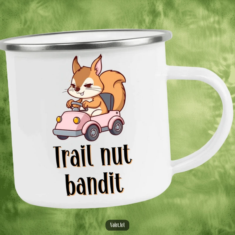 Funny camping mug with a determined squirrel character expertly operating a small vehicle, perfect for outdoor adventures.