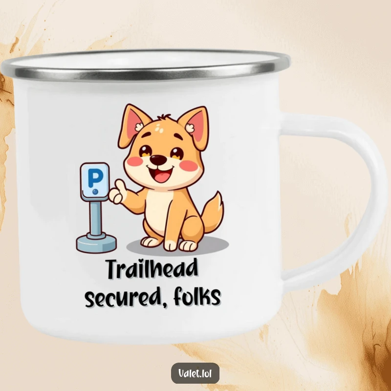 Funny camping mug with a cheerful, smiling dog gesturing towards a parking spot, perfect for outdoor enthusiasts.