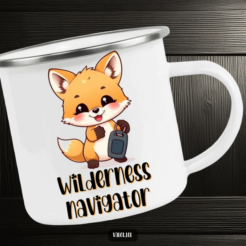 Funny Camping Mugs: A playful fox cub humorously presents car keys, perfect for outdoor enthusiasts.