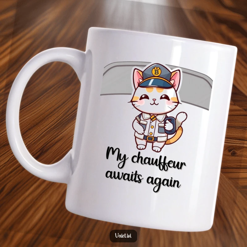 Funny mug showcasing a smiling cat in a miniature uniform, confidently holding a car key, ready for an adventure.