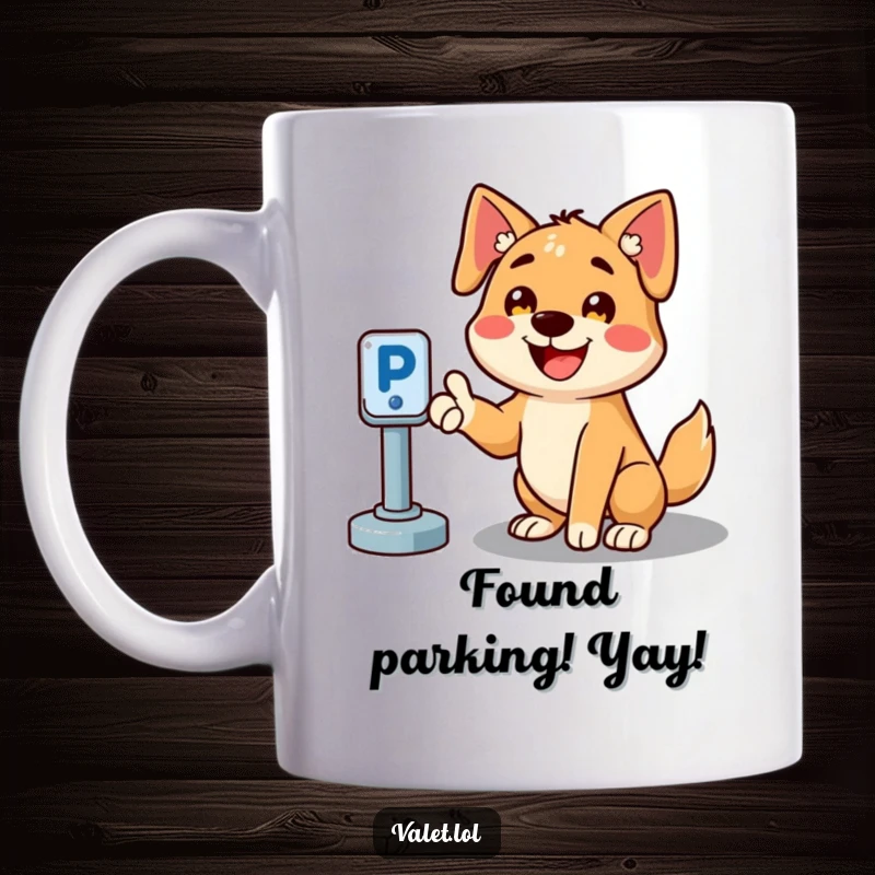 Funny mug with a cheerful dog character smiling brightly and gesturing towards an empty parking spot, a guide dog for drivers.