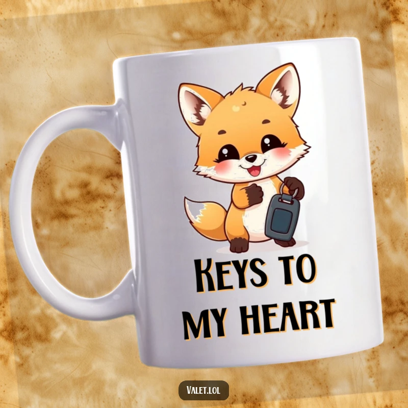 Funny Mugs: A mischievous fox cub gleefully presents a set of car keys with a playful grin.
