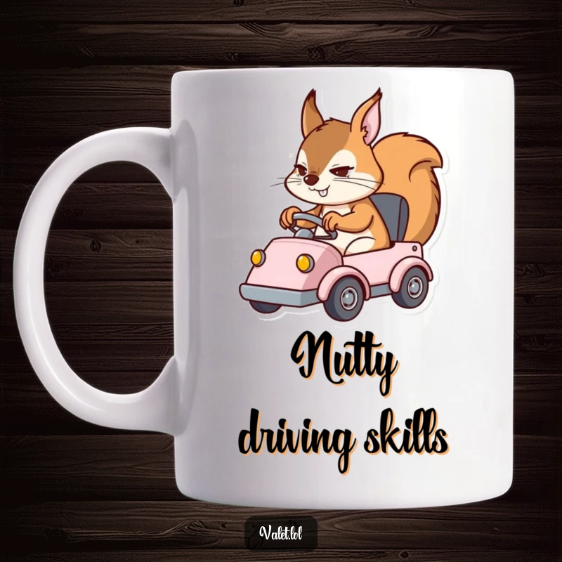 Funny mug with a determined squirrel character expertly operating a small vehicle, showcasing intense focus and driving skill.