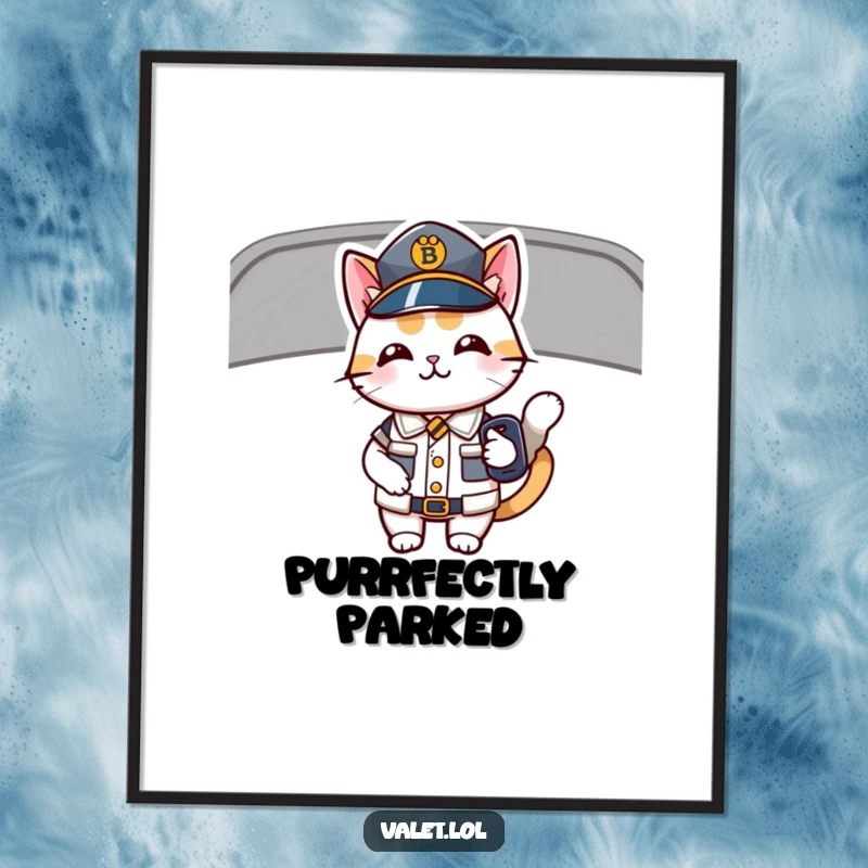 Funny digital art print of a happy, uniformed cat confidently holding car keys, ready for a humorous driving adventure.