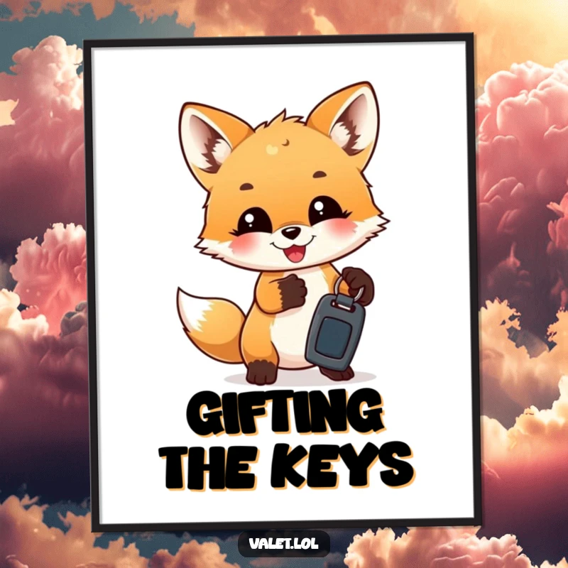 Funny Digital Art: A gleeful fox cub humorously presents car keys, a charming and funny illustration.