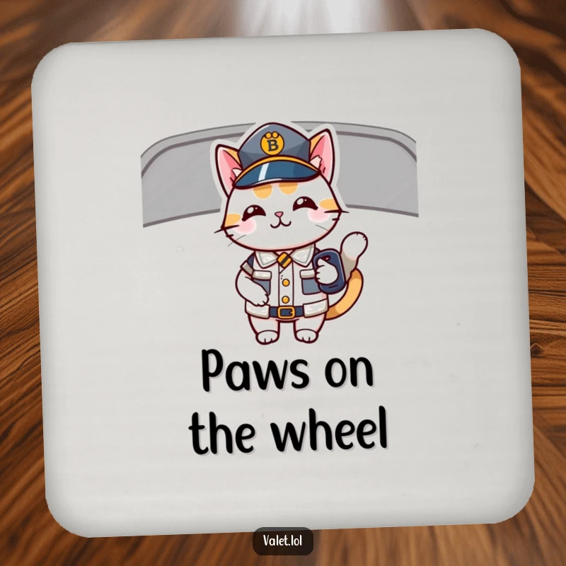Funny drink coaster featuring a happy, uniformed cat holding car keys, protecting surfaces with feline charm and humor.