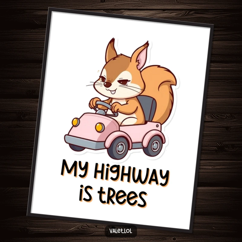 Funny poster art of a determined squirrel character expertly operating a small vehicle, capturing a moment of daring navigation.