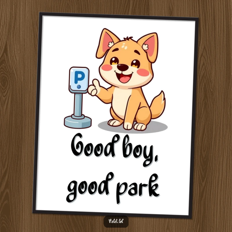 Funny Free Printable Wall Art of a cheerful dog with a big smile, pointing enthusiastically towards an open parking spot.