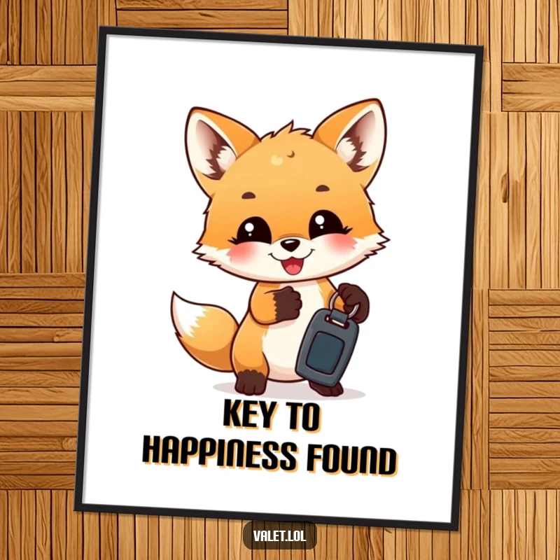 Funny Free Printable Wall Art: A mischievous fox cub gleefully holds aloft a set of car keys, ready for an adventure.