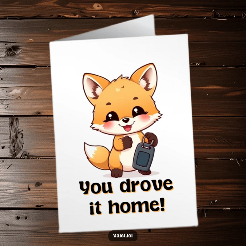 Funny Free Printable Congrats Card: A joyous fox cub gleefully presents a set of car keys, symbolizing a new journey.