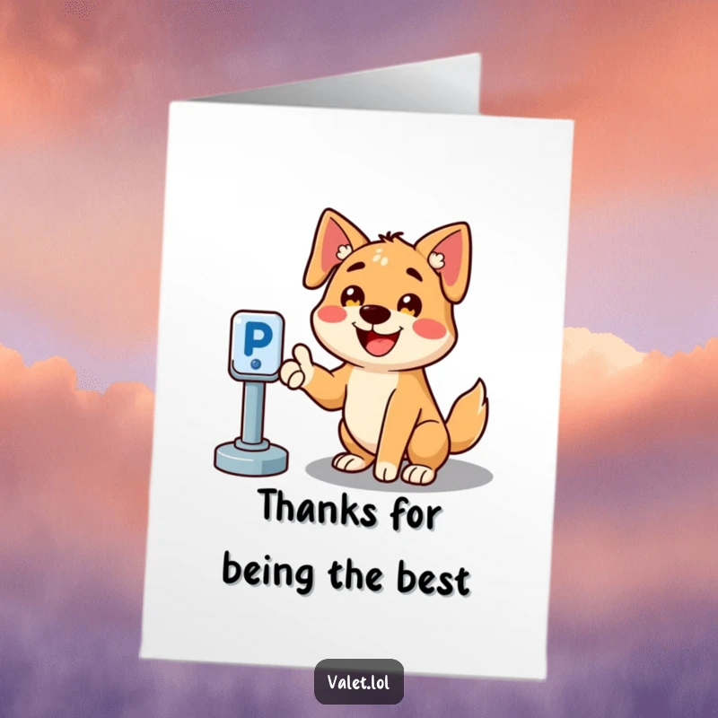 Funny Free Printable Thank You Card featuring a happy dog with a bright smile, pointing towards a parking spot.