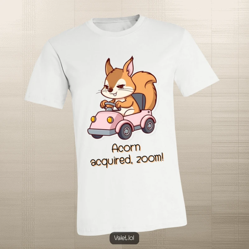 Funny t-shirt with a determined squirrel character skillfully maneuvering a small vehicle, capturing a moment of intense concentration.